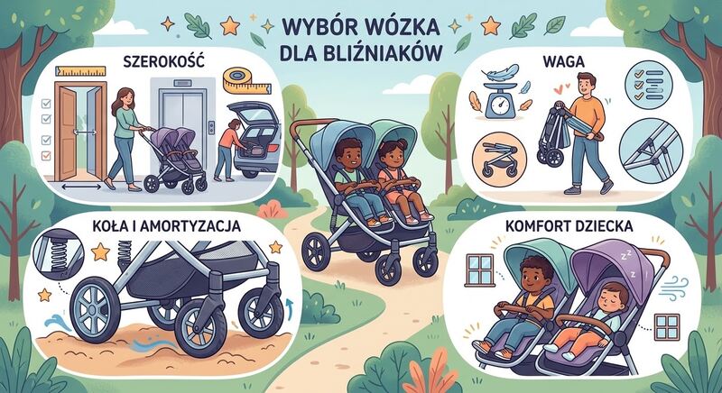 Infografika przedstawiająca wybór wózka dla bliźniaków: szerokość, waga, koła i amortyzacja oraz komfort dziecka.